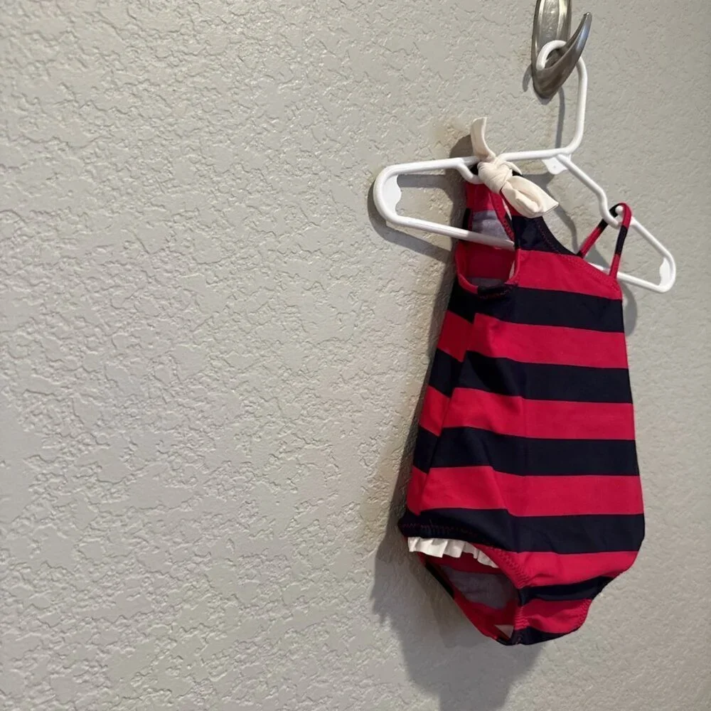 Oshkosh Infant Girls One Piece Bathing Suit Size 9M Pink Blue Striped Ruffles